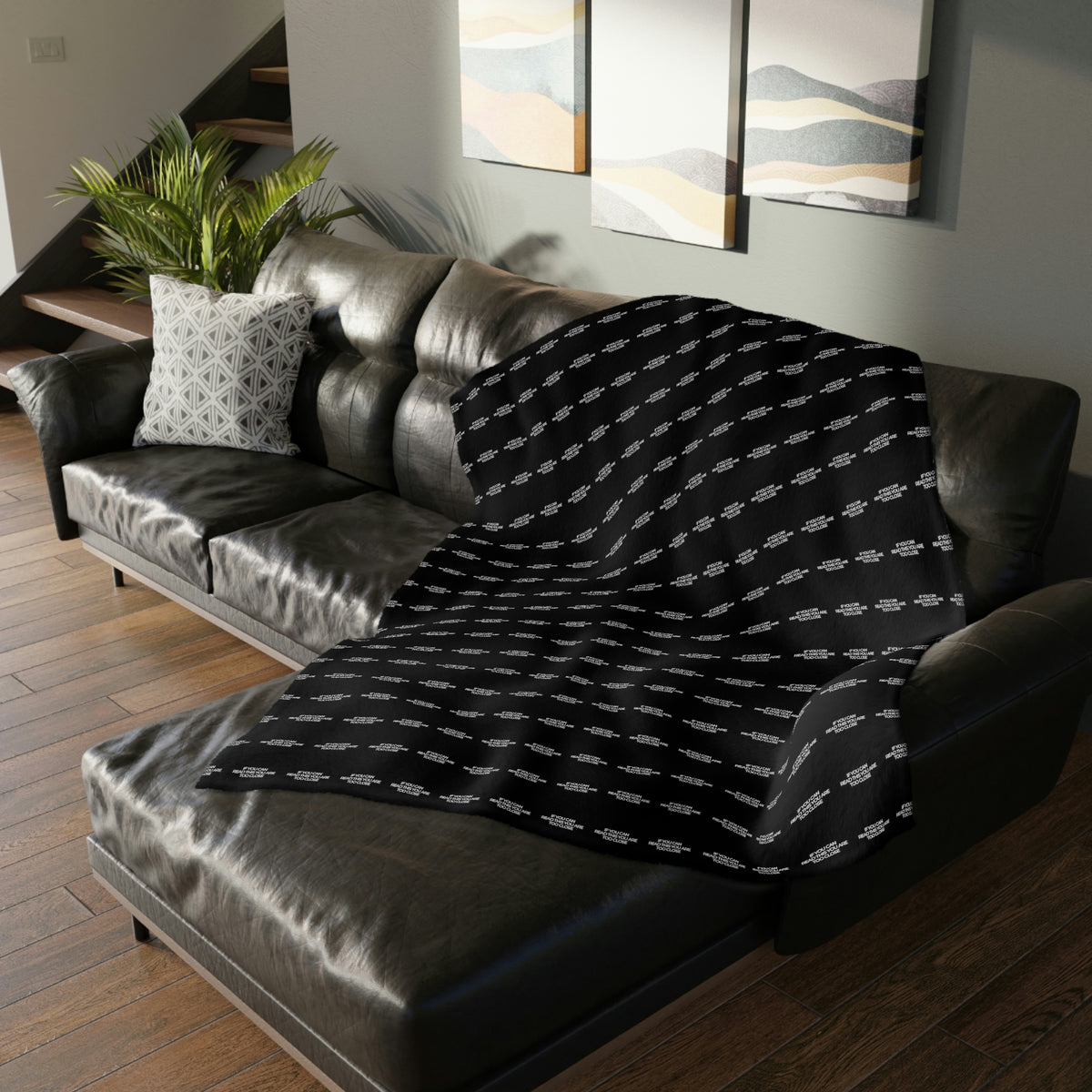 Two-sided printed blanket with "Too close" print