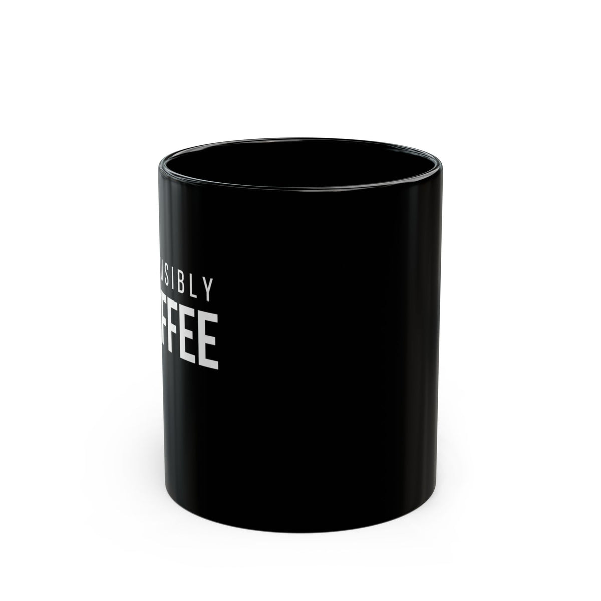Black 11 oz ceramic mug with "Plausibly Coffee" print