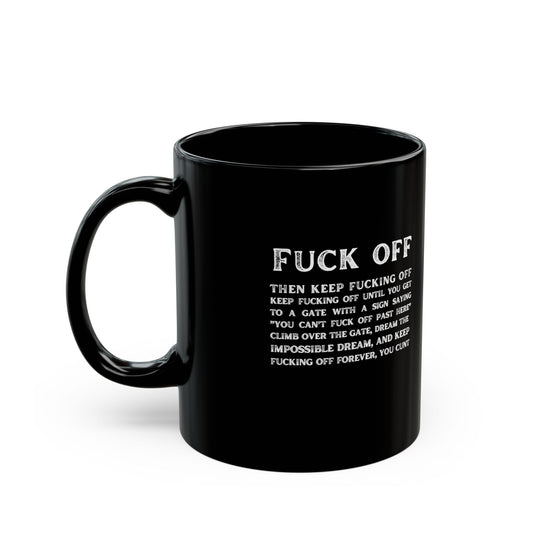 Black 11 oz ceramic mug with "The Subtle Directions" print