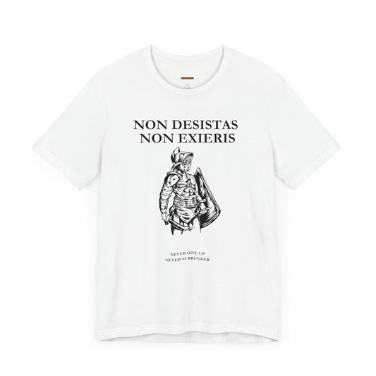 Unisex t-shirt with "Never give up never surrender" print