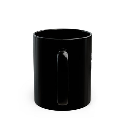 Black 11 oz ceramic mug with "Plausibly Coffee" print
