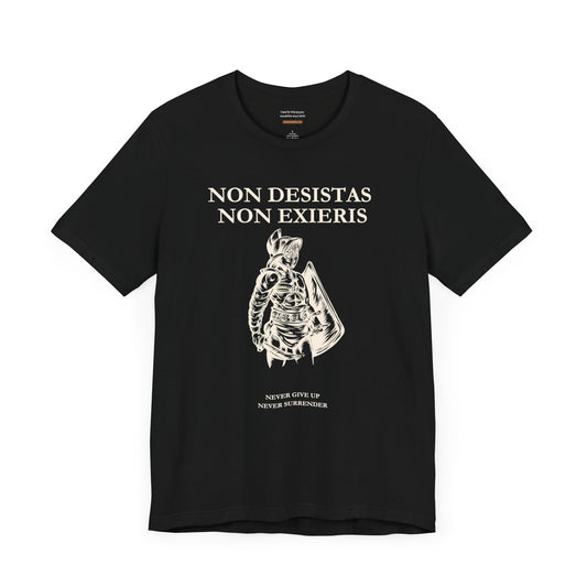 Unisex t-shirt with "Never give up never surrender" print