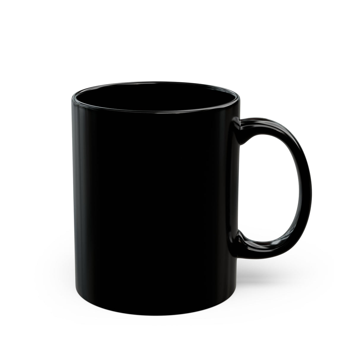 Black 11 oz ceramic mug with "Plausibly Coffee" print