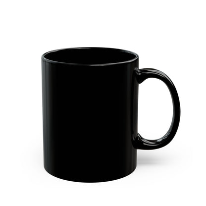 Black 11 oz ceramic mug with "Plausibly Coffee" print