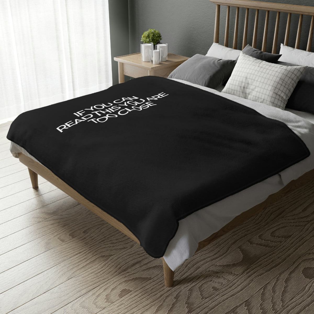 Two-sided printed blanket with "Too close" print